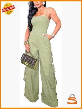 Sexy Cargo Jumpsuit Wide Leg Romper Multi Pockets One Piece Outfit